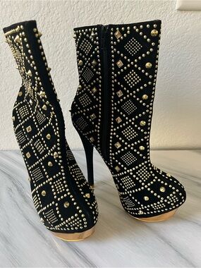 Black Gold-Stud High Heel Ankle Boots
